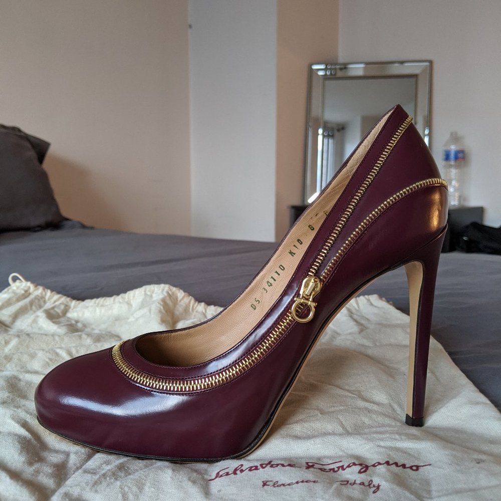 Salvatore Ferragamo Burgundy Leather Zip-Trim Stiletto Heels